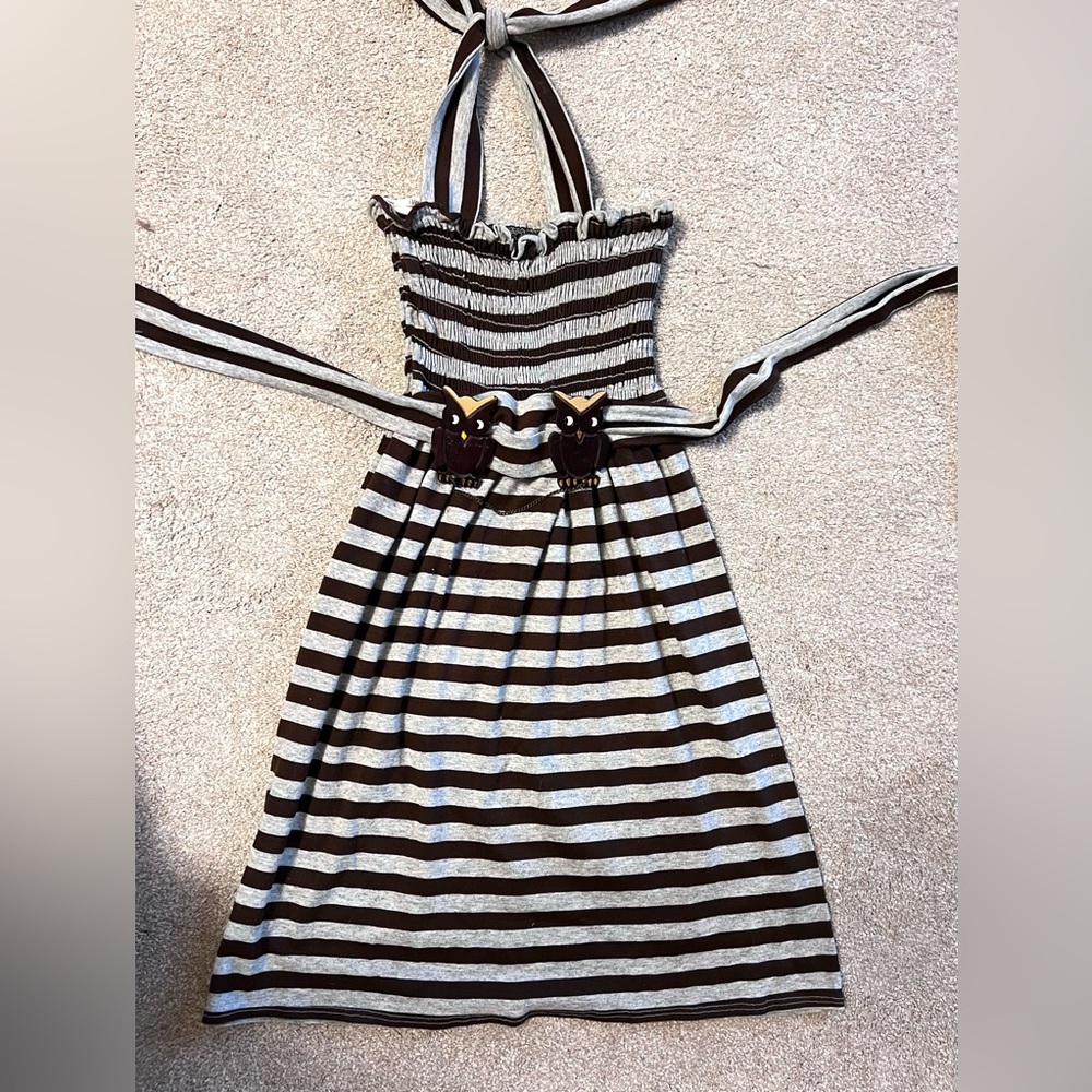 Voom by Joy Han Brown and Gray Striped Owl Dress
